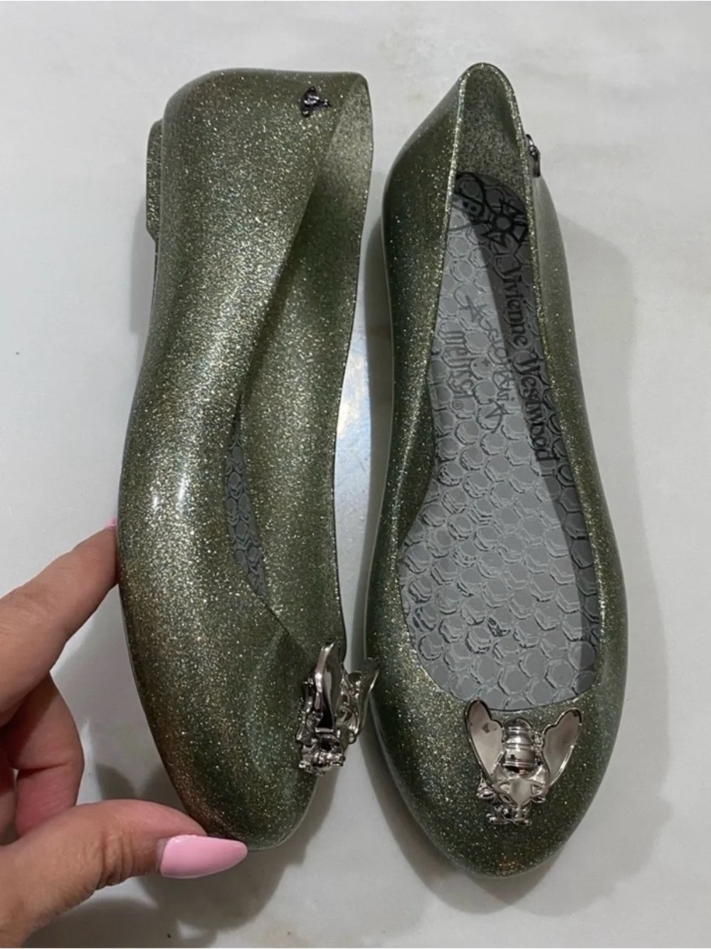 Vivienne Westwood x Melissa Olive Green Glitter Ballet Flats